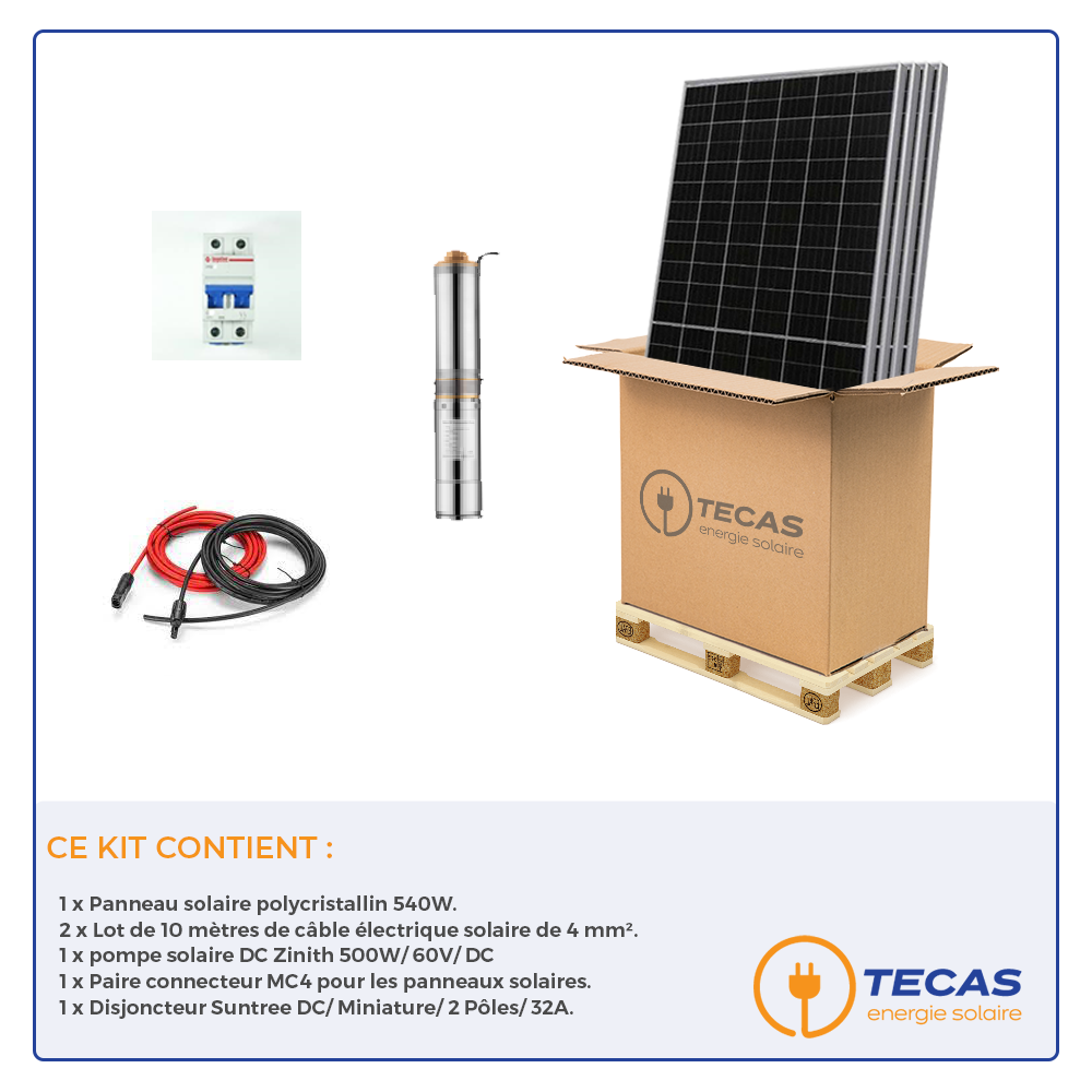 Kit pompage solaire immergée 2 Panneaux | 500W | 60V | DC | Hmt Max 58Mètres